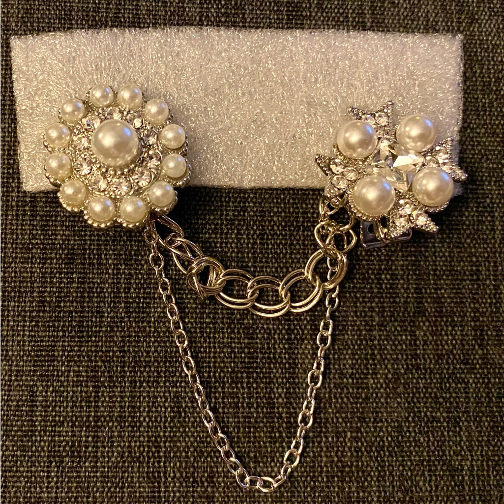 Silver And White Brooch With Double Chain Design